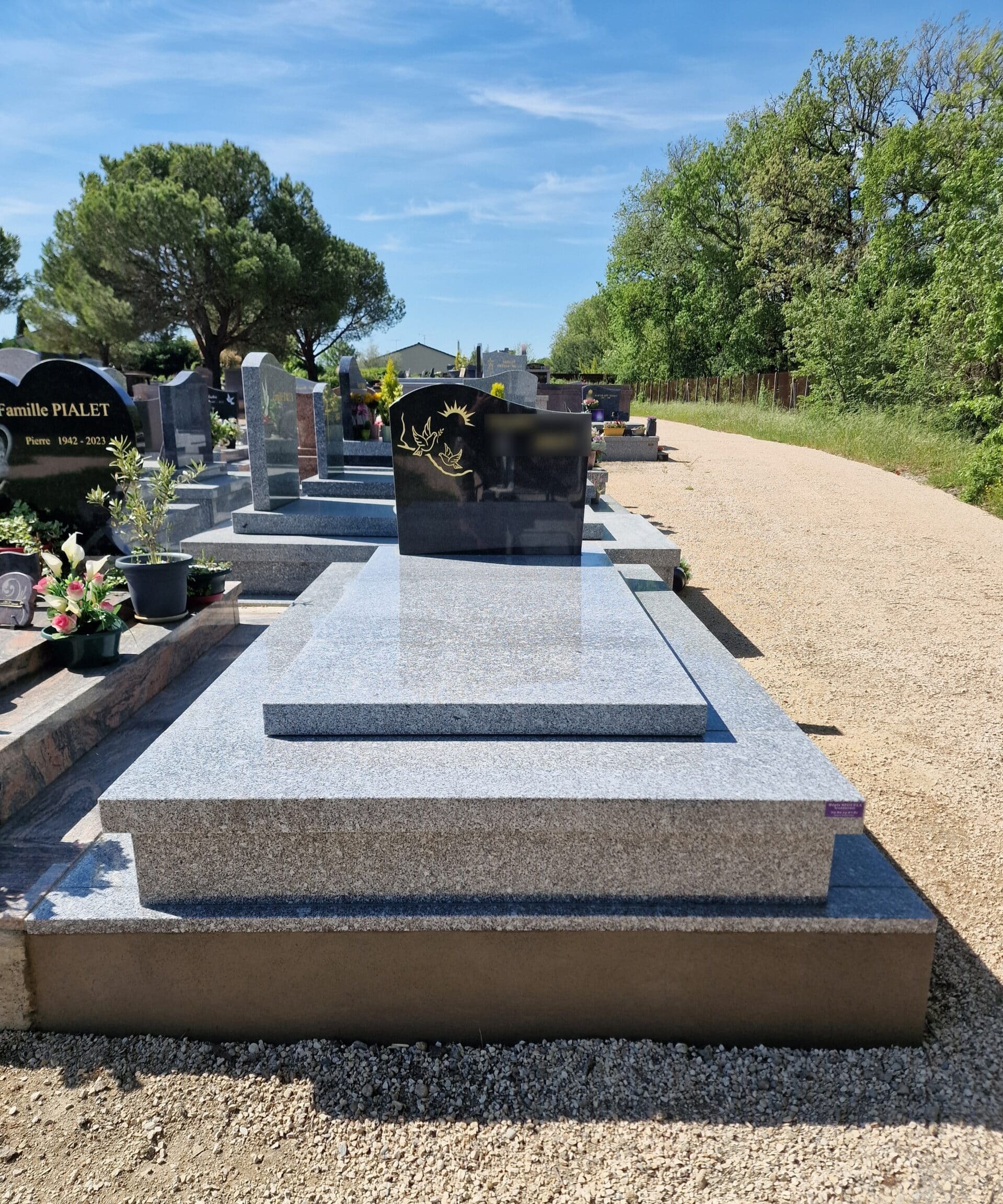 Monument funéraire en granit gris avec stèle noire gravée d'oiseaux dorés dans un cimetière sous le soleil.