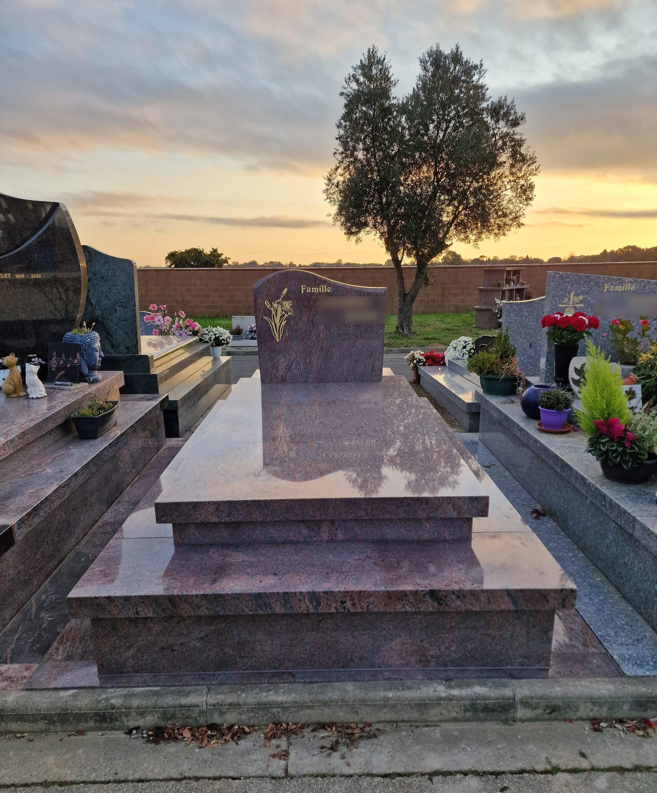 Monument funéraire en granit rose gravé Famille dans un cimetière au coucher du soleil devant un arbre solitaire.