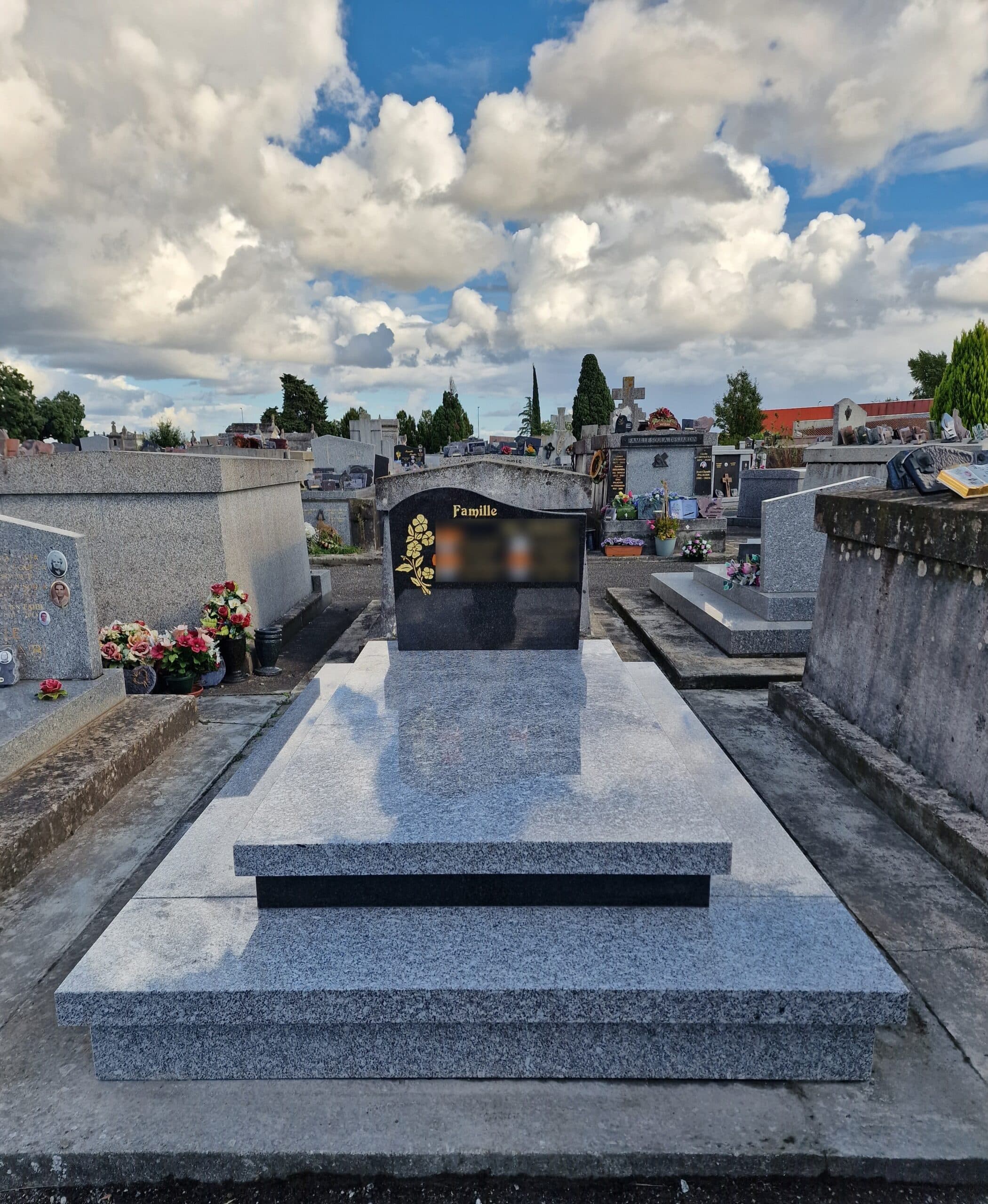 Tombe familiale en granit gris avec stèle noire ornée d'une rose dorée et inscription Famille sous un ciel nuageux.