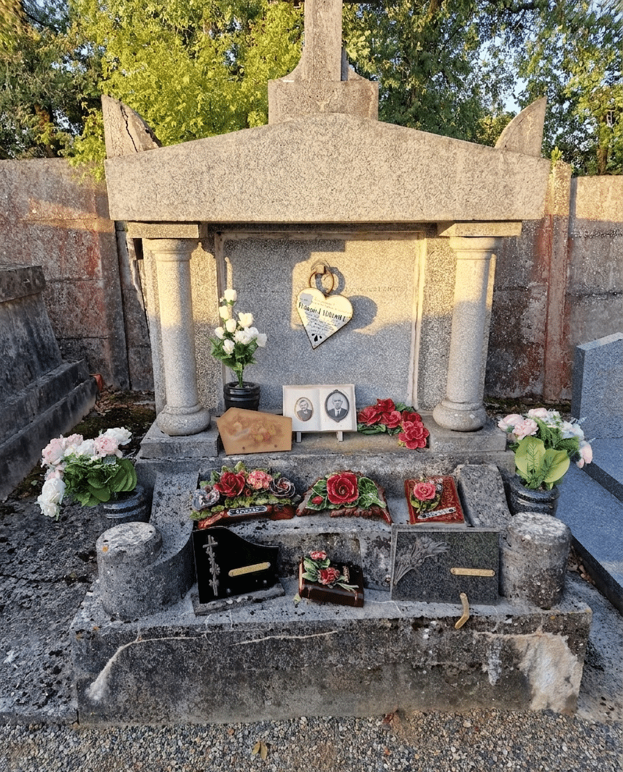 Tombe familiale en pierre ornée de fleurs et plaques commémoratives sous une lumière dorée dans un cimetière.