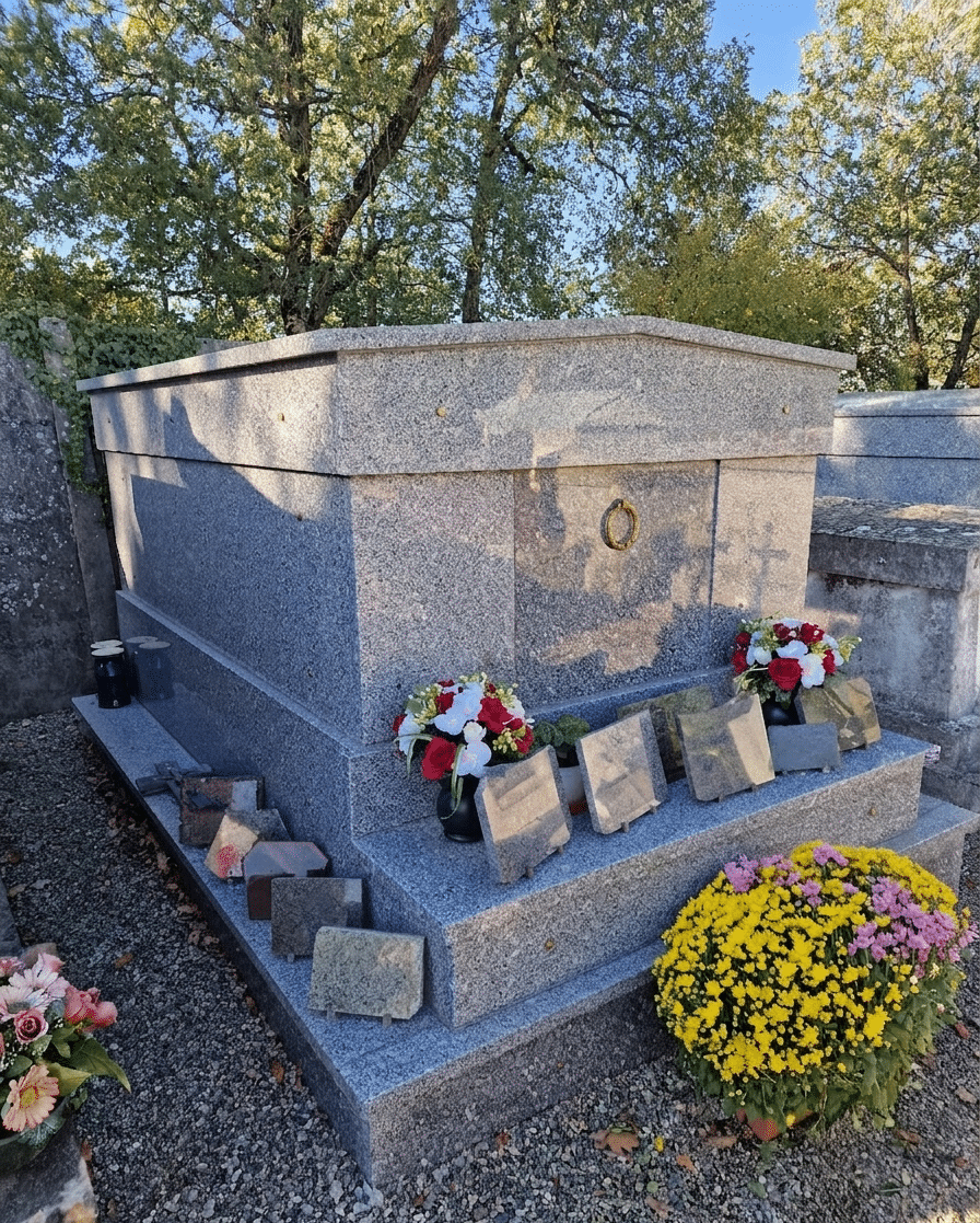 Tombeau en granit gris fleuri de chrysanthèmes et roses avec plaques commémoratives dans un cimetière.